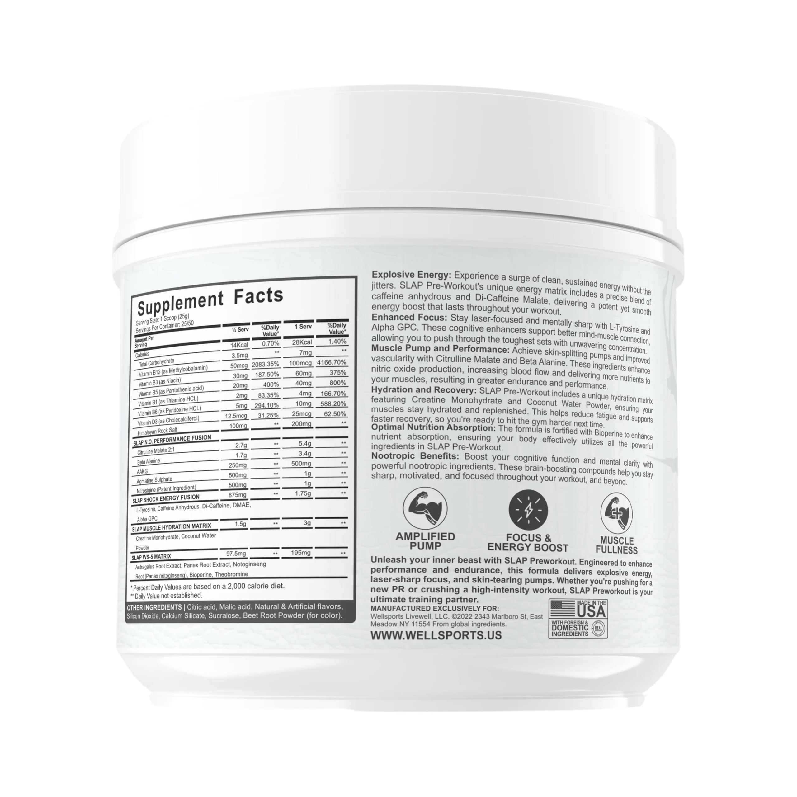 Wellsports Power Slap Pre-Workout Tropical Punch 50 Servings Nutritional Fact