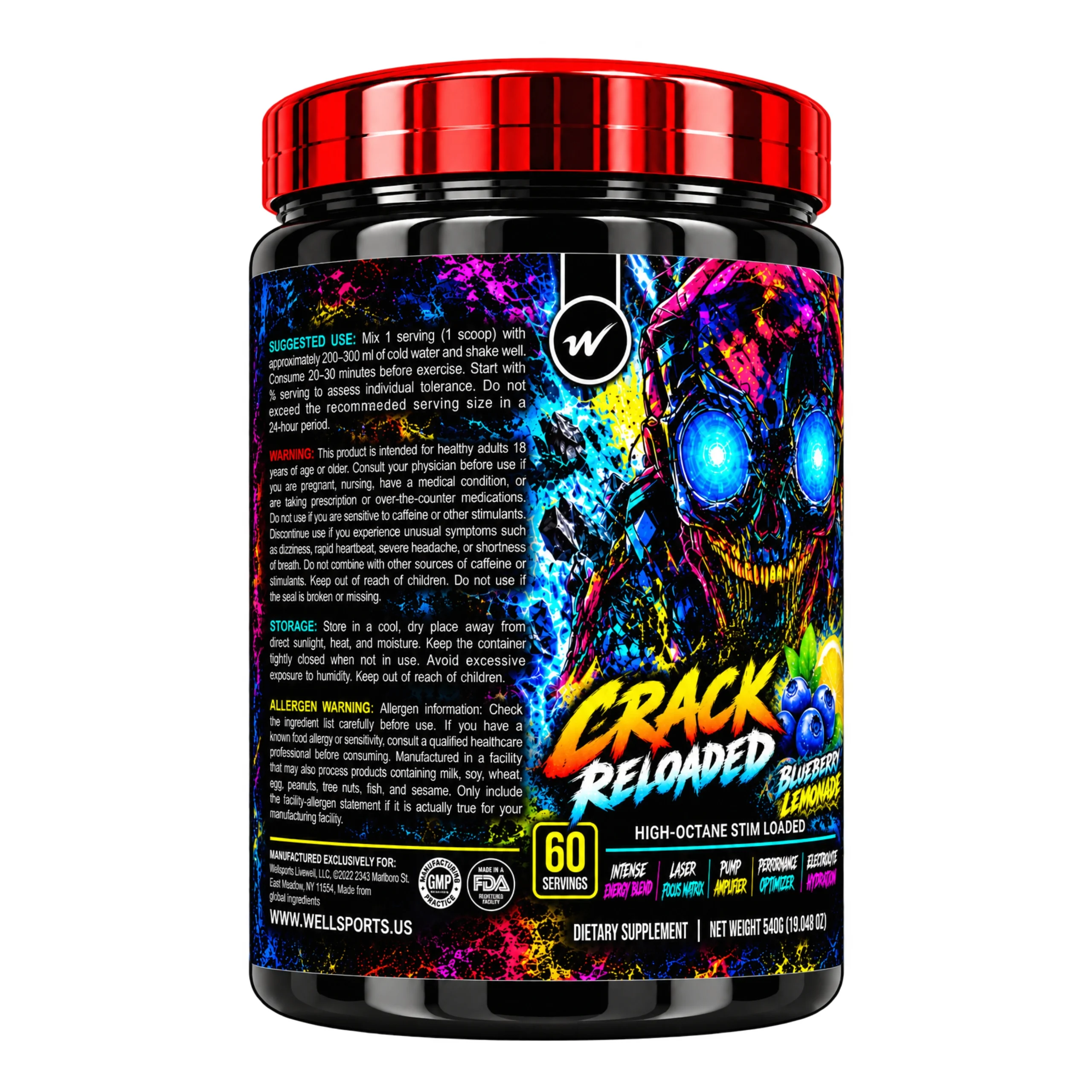 WellSports Crack Reloaded Pre-Workout Blueberry Lemonade 60 Servings Back