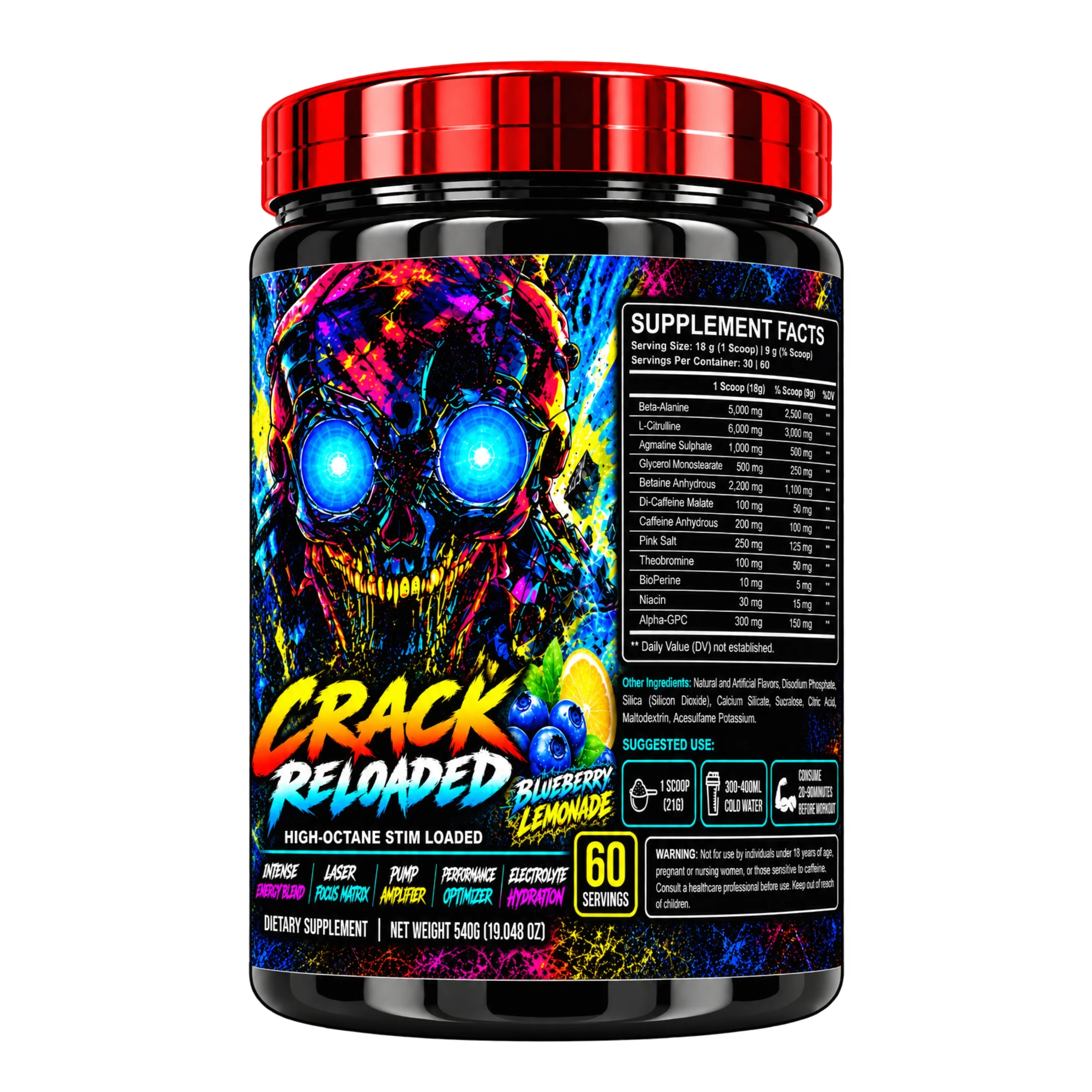 WellSports Crack Reloaded Pre-Workout Blueberry Lemonade 60 Servings Nutritional Fact