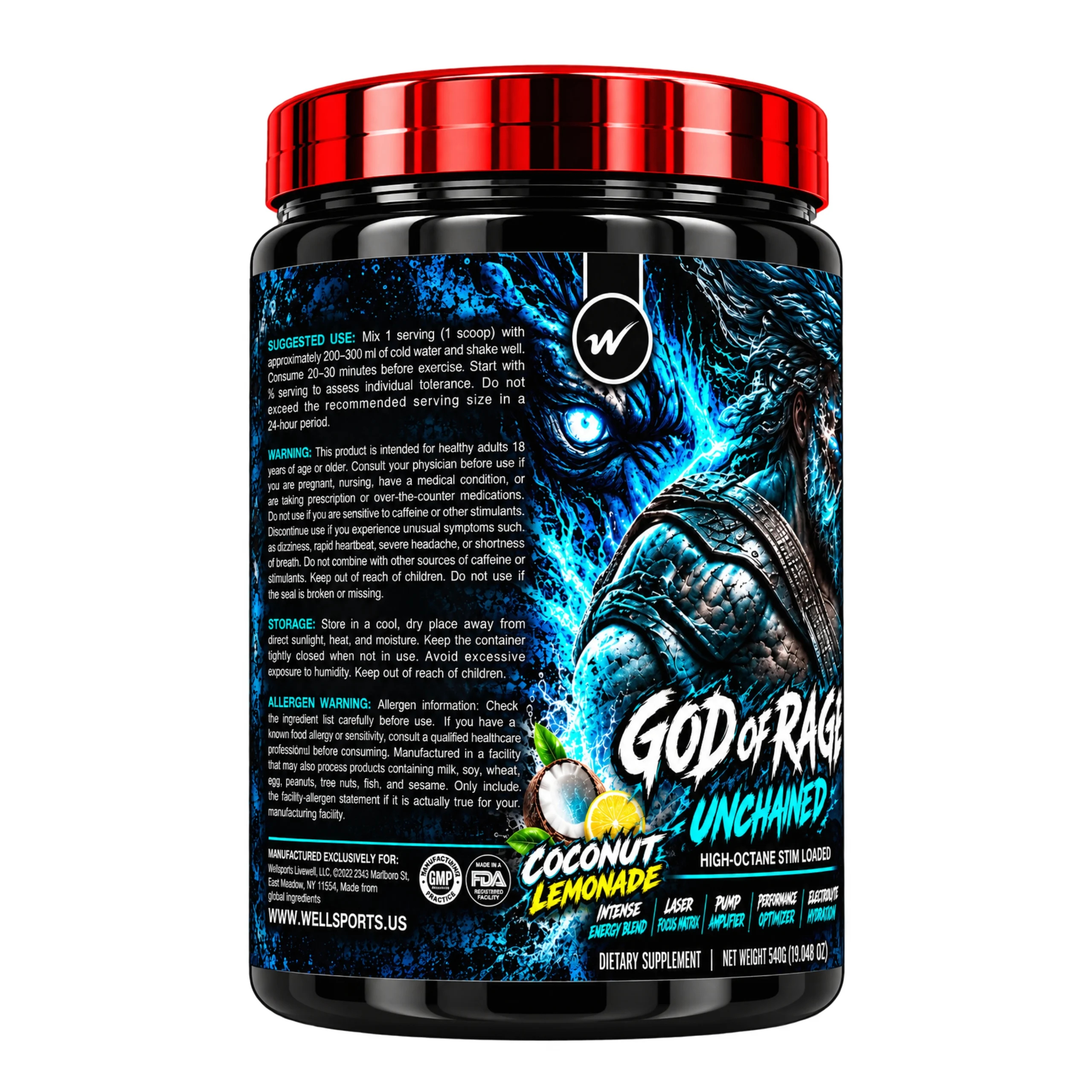 WellSports God of Rage Pre-Workout Coconut Lemonade 60 Servings Back