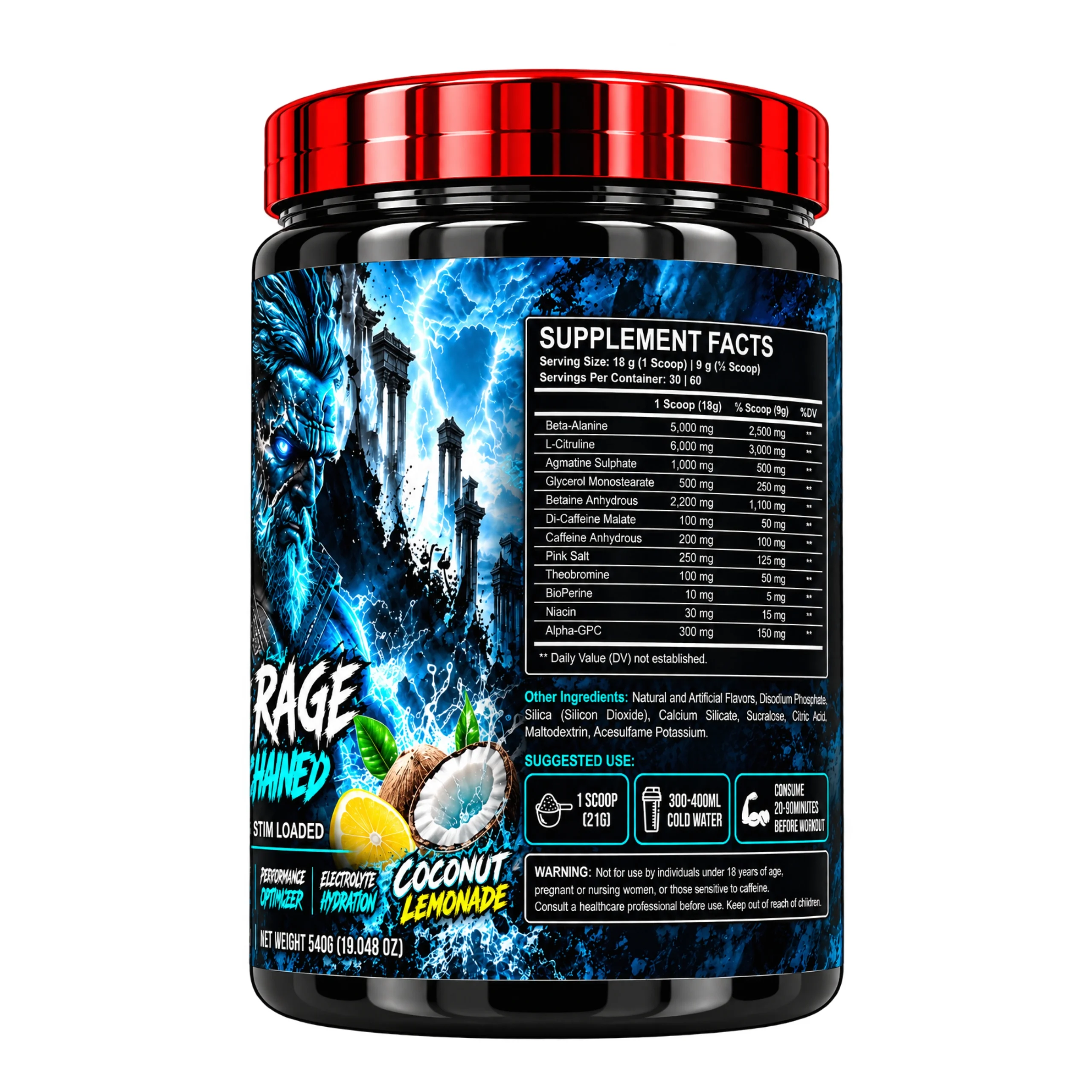 WellSports God of Rage Pre-Workout Coconut Lemonade 60 Servings Nutritional Fact