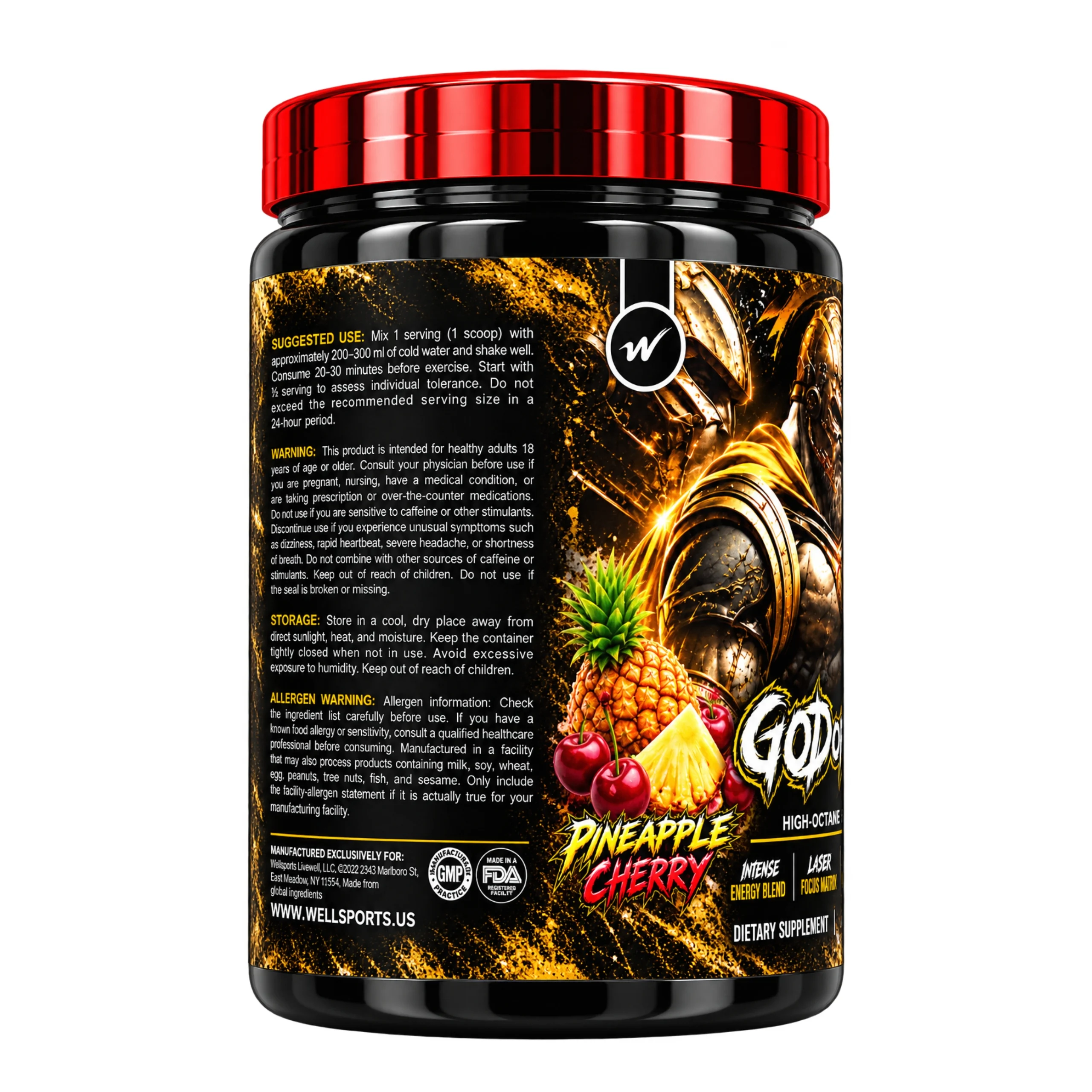 WellSports God of War Pre-Workout Pineapple Cherry 60 Servings Back