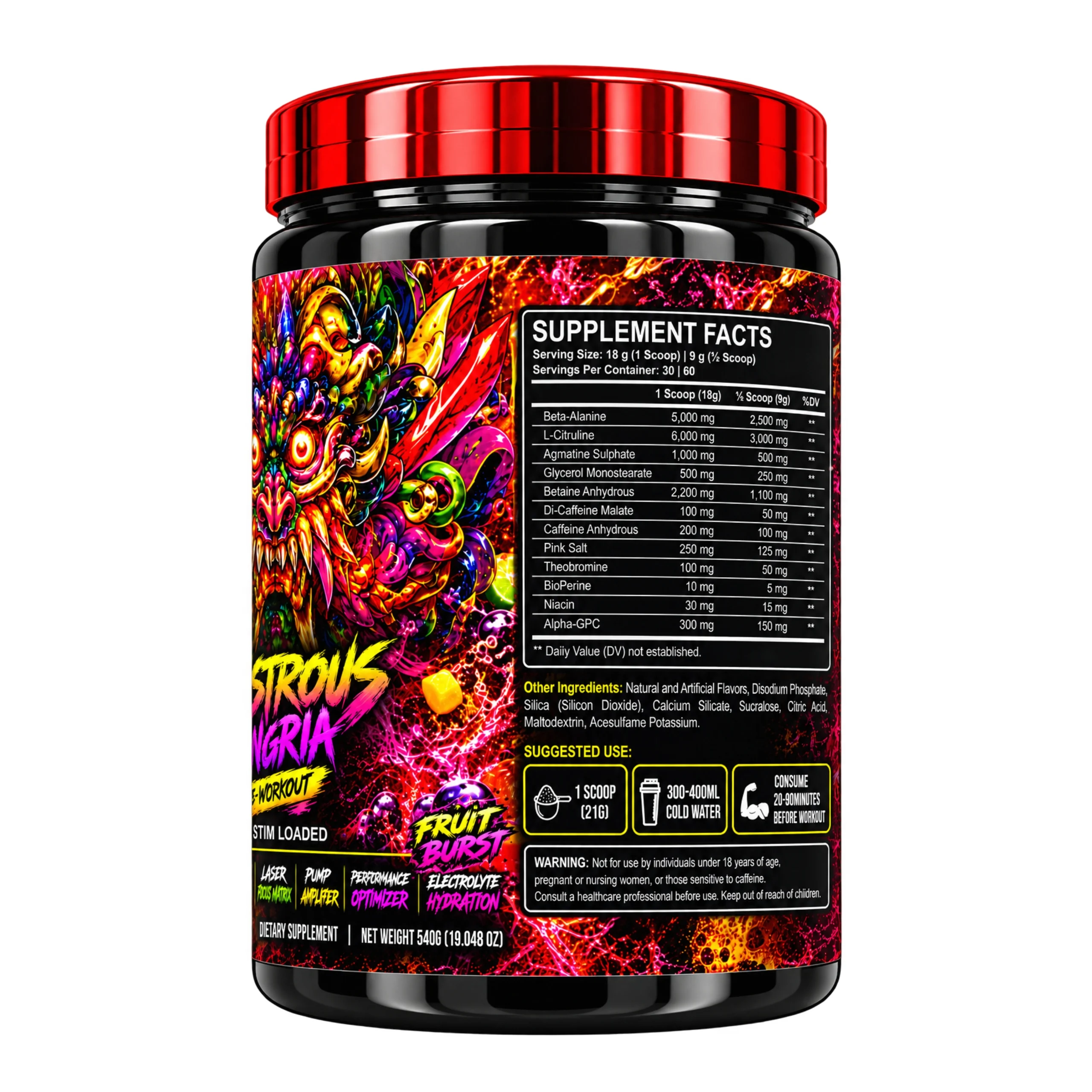 WellSports Monstrous Sangria Pre-Workout Fruit Burst 60 Servings Nutritional Fact