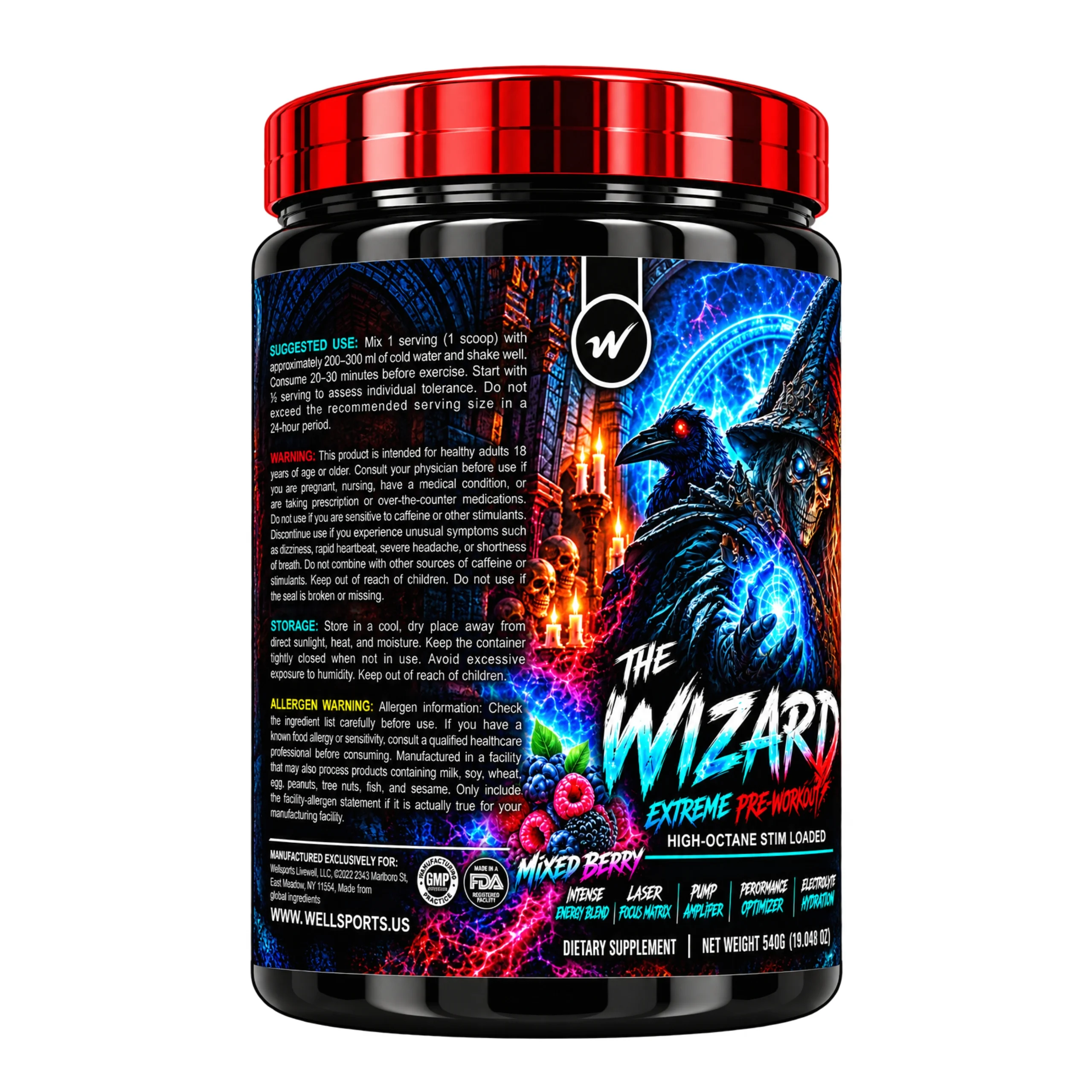 WellSports The Wizard Extreme Pre-Workout Mixed Berry 60 Servings Back