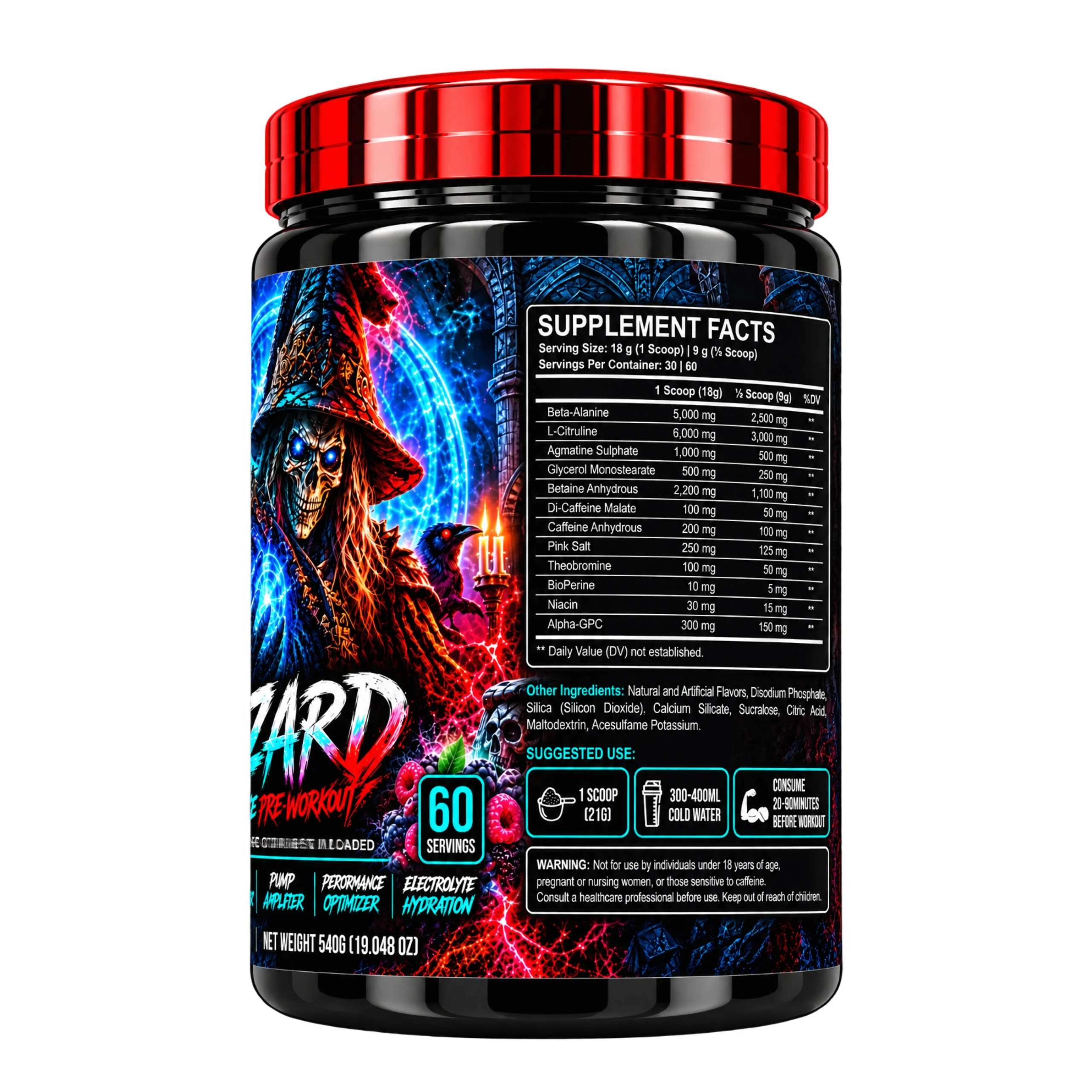WellSports The Wizard Extreme Pre-Workout Mixed Berry 60 Servings Nutritional Fact