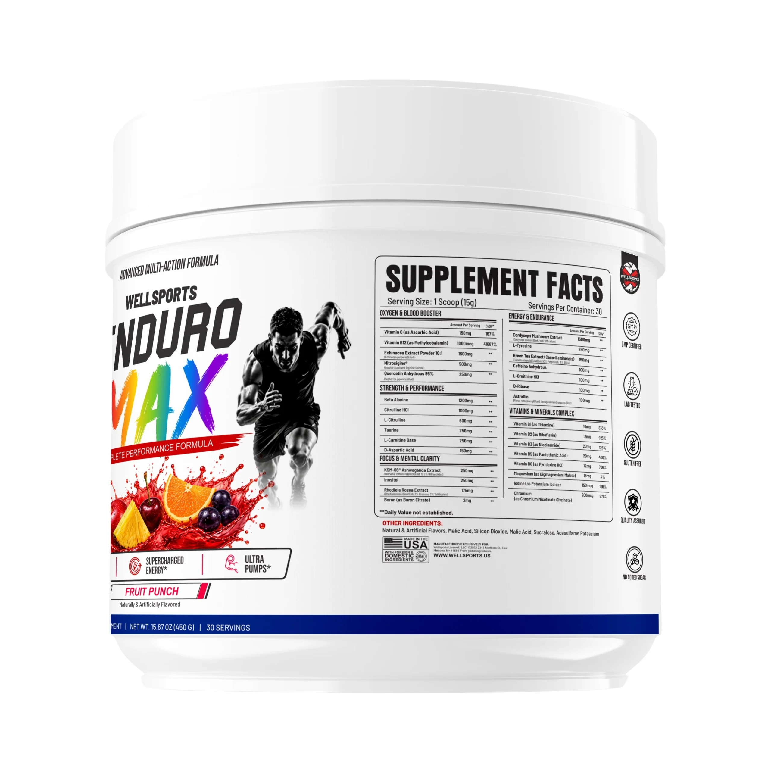 Wellsports Enduro Max Pre-Workout Fruit Punch 30 Servings Nutritional Fact