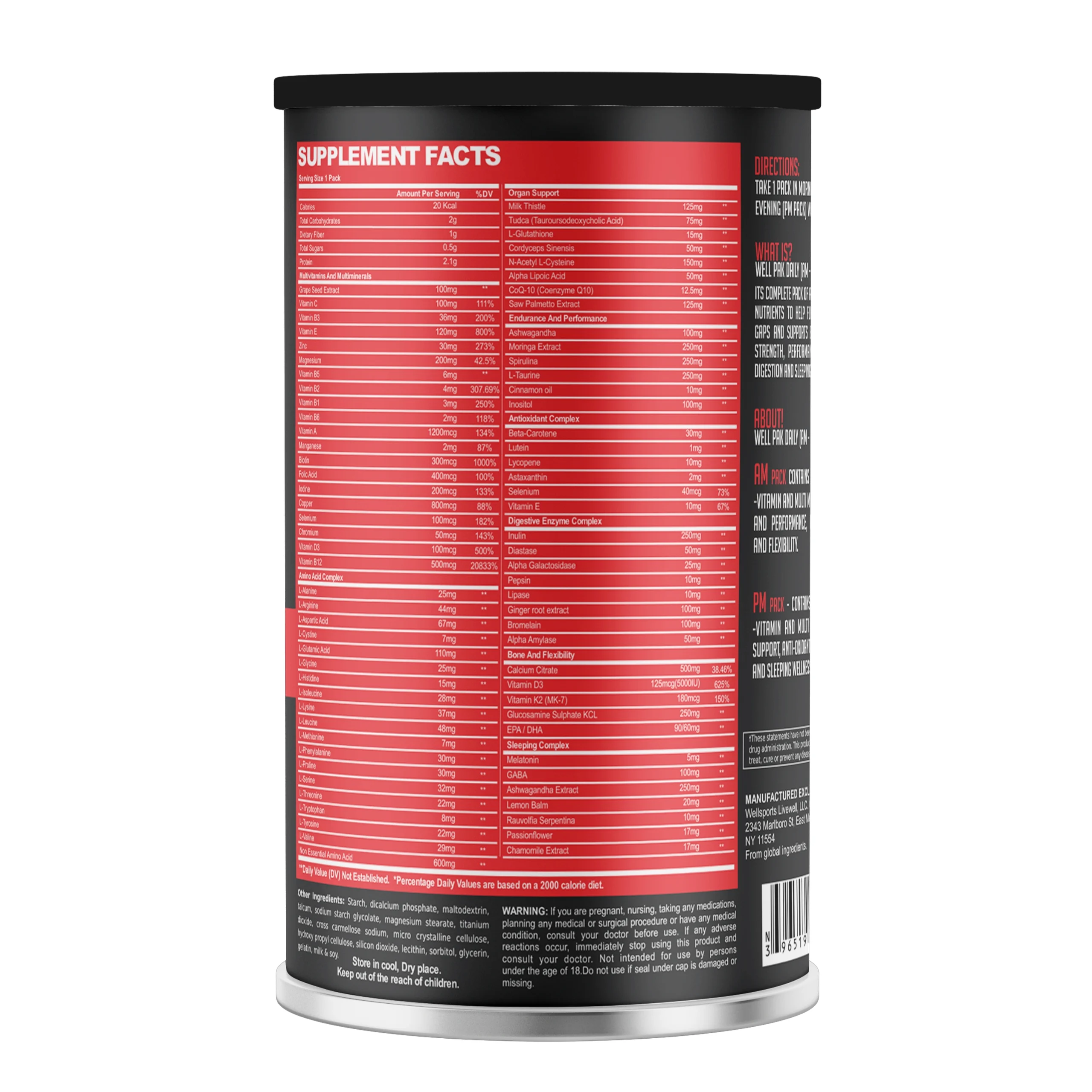 Wellsports Well Pak Daily AM-PM 30 Packs Back